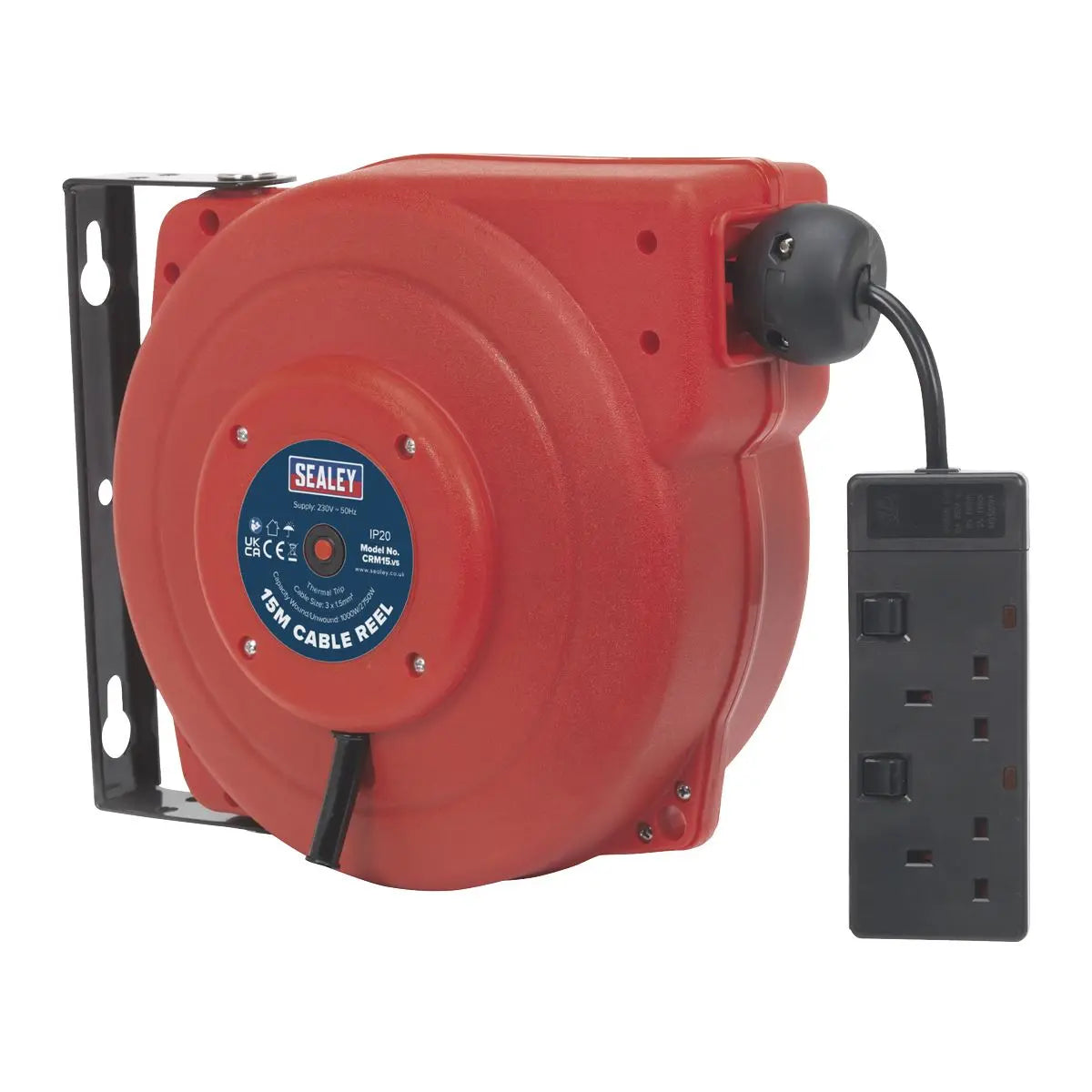 Sealey Cable Reel System Retractable 15m 2 x 230V Socket