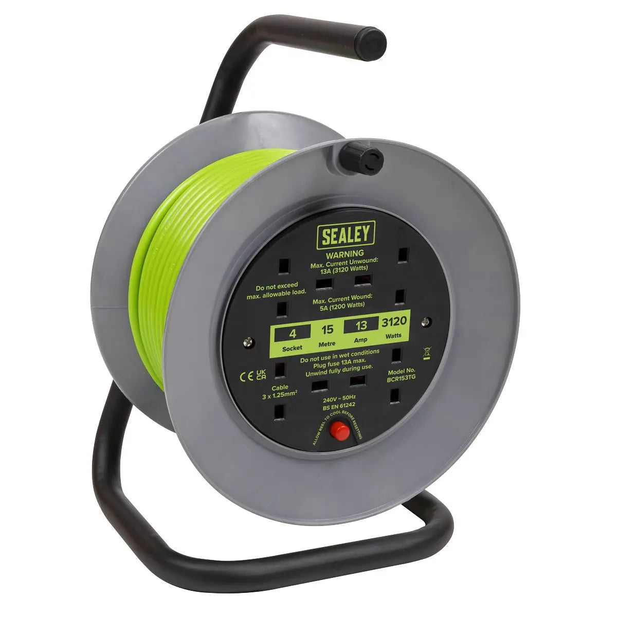 Sealey Cable Reel with Thermal Trip 4 x 230V 15m - Green  White Rose Tools