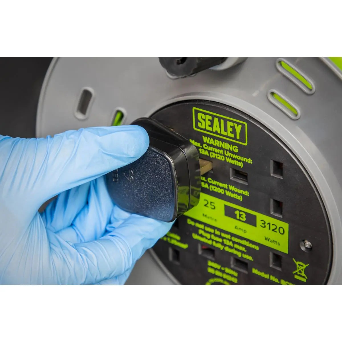 Sealey Cable Reel with Thermal Trip 4 x 230V Sockets 25m - Green White Rose Tools