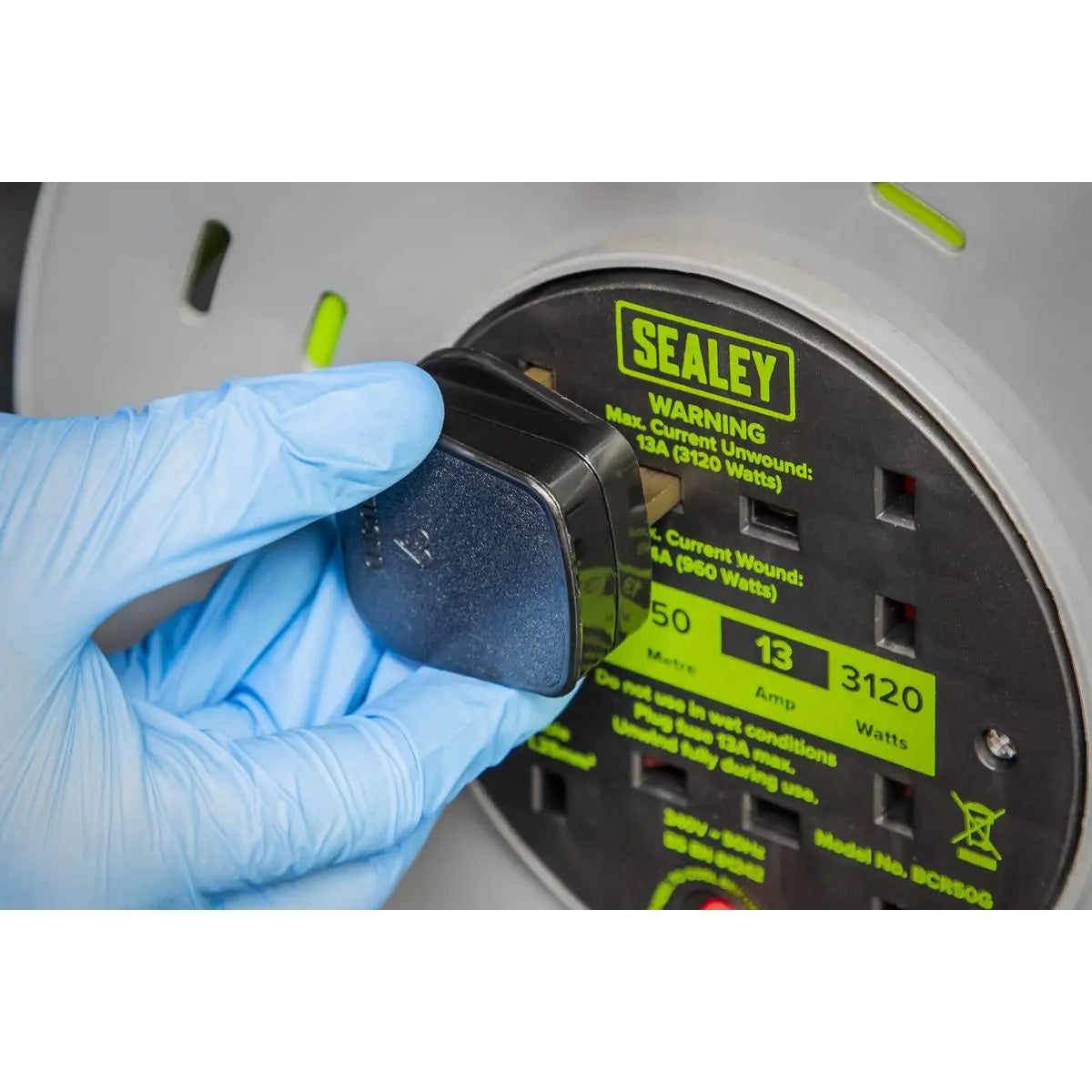 Sealey Cable Reel with Thermal Trip 4 x 230V Sockets 50m - Green White Rose Tools