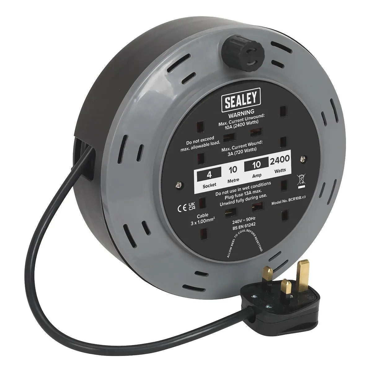 Sealey Cassette Type Cable Reel 10m 4 x 230V 1.00mm² Thermal Trip
