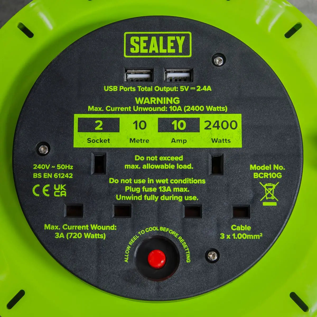 Sealey Cassette Type Cable Reel Green with Thermal Trip 2 x 230V and 2 x USB 10m  White Rose Tools