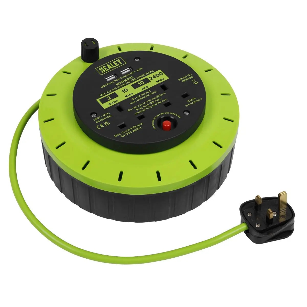 Sealey Cassette Type Cable Reel Green with Thermal Trip 2 x 230V and 2 x USB 10m  White Rose Tools