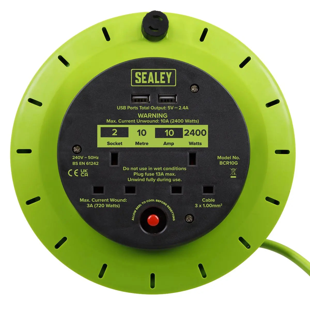 Sealey Cassette Type Cable Reel Green with Thermal Trip 2 x 230V and 2 x USB 10m  White Rose Tools