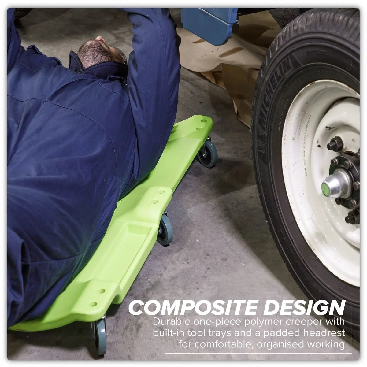 Sealey Composite Creeper with 6 Wheels - Hi-Vis Green White Rose Tools