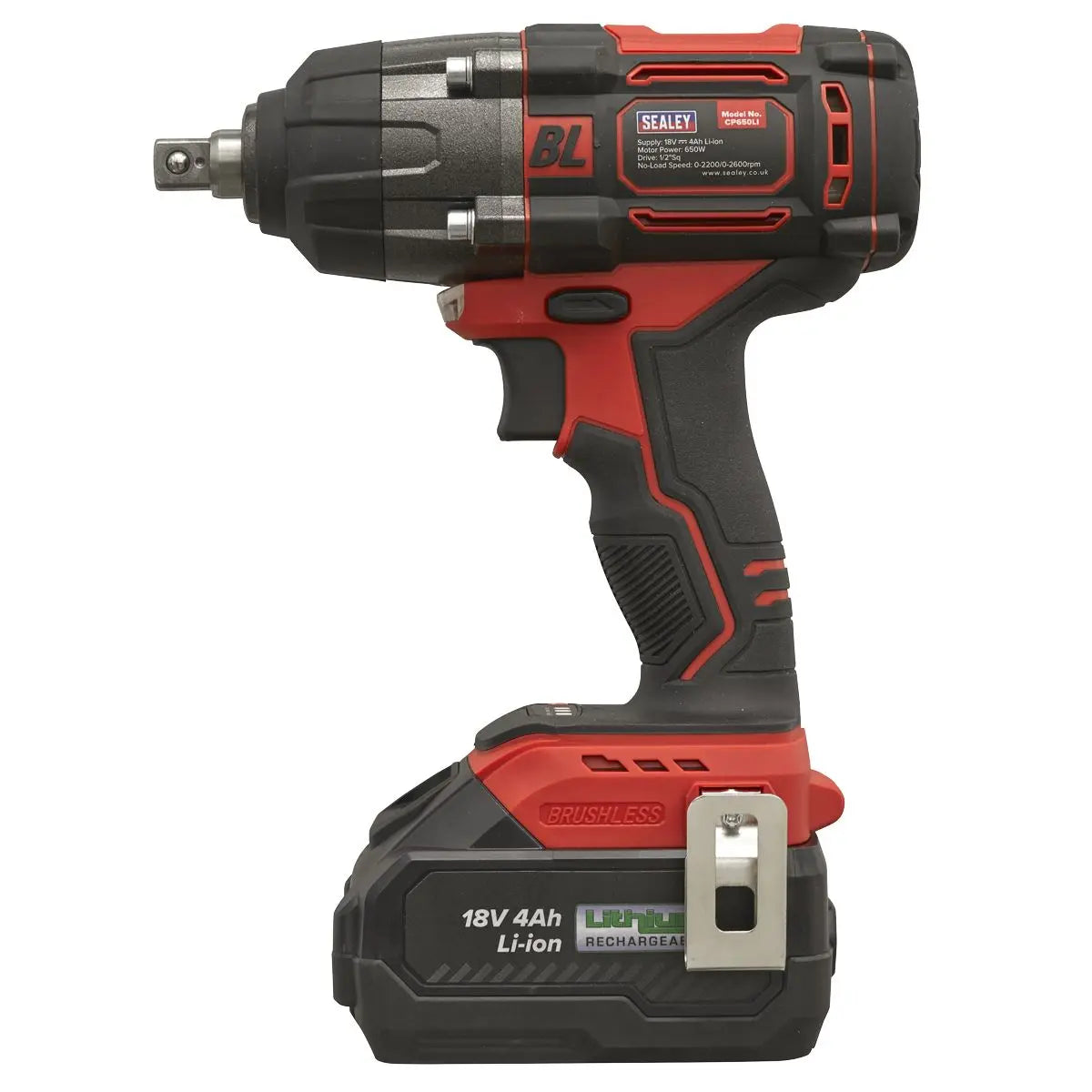 Sealey Cordless Brushless Impact Wrench 18V 4Ah Lithium-ion 1/2"Sq Drive White Rose Tools