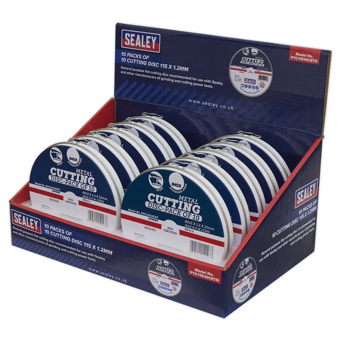 Sealey Cutting Disc 115 x 1.2mm Countertop Display Box 10 Packs of 10