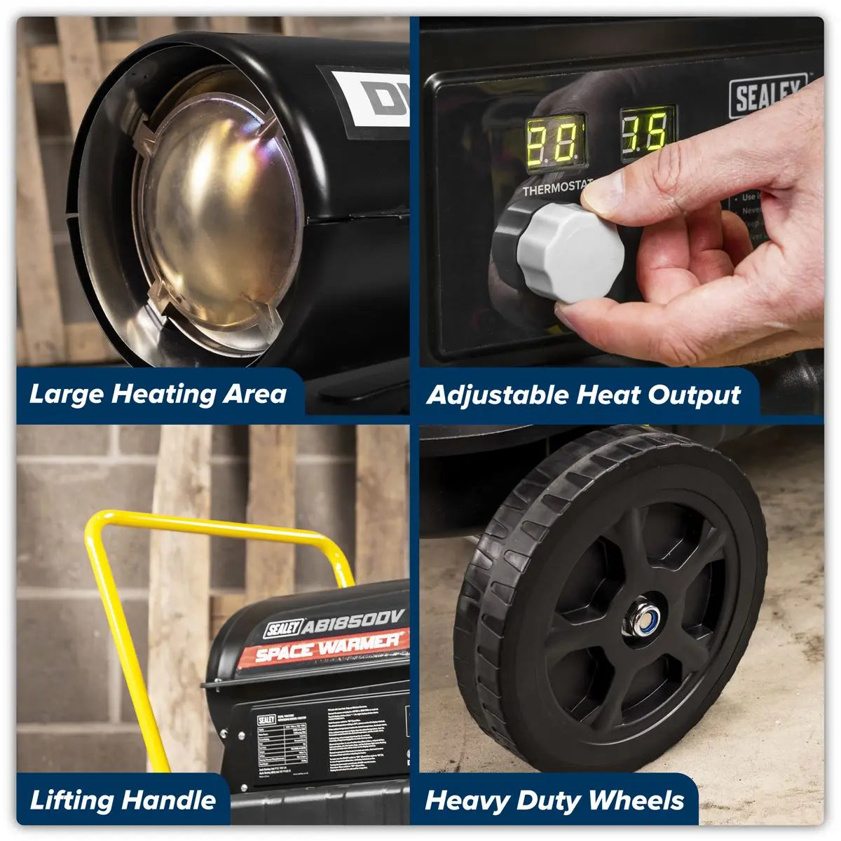Sealey Dual Voltage Space Warmer® Kerosene/Diesel Heater with Wheels 185,000Btu/hr(55kW) White Rose Tools