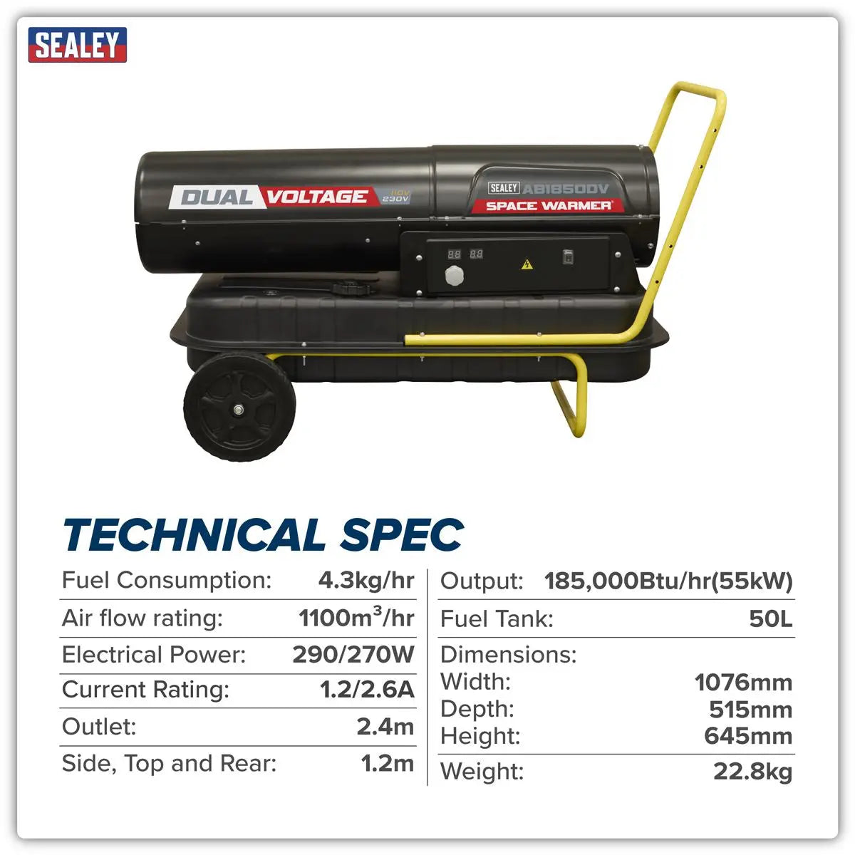 Sealey Dual Voltage Space Warmer® Kerosene/Diesel Heater with Wheels 185,000Btu/hr(55kW) White Rose Tools