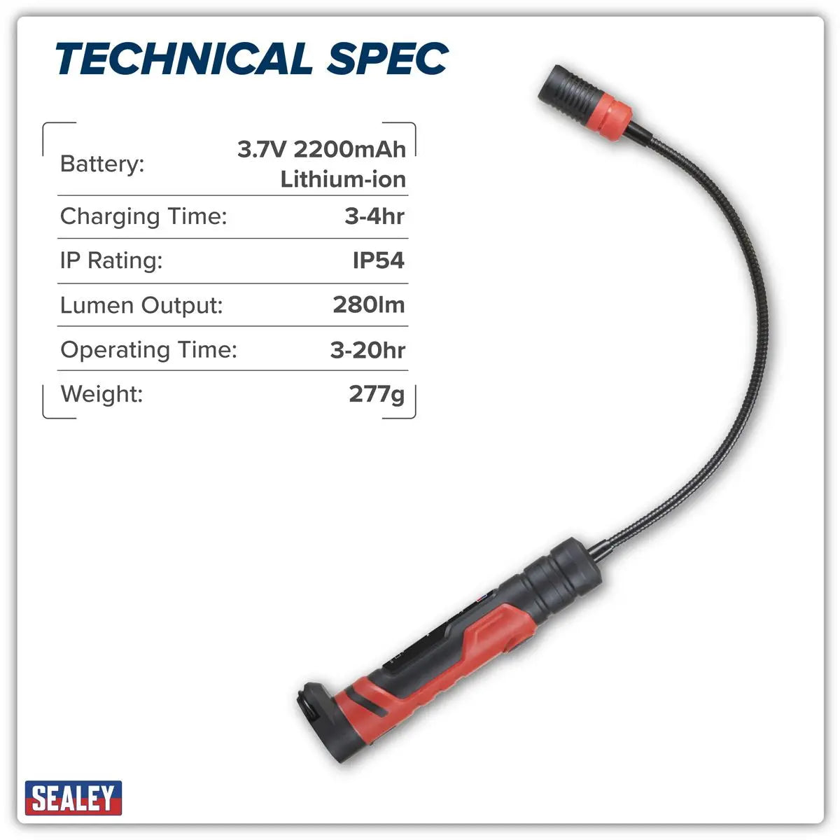 Sealey Flexi Rechargeable Magnetic Pick-Up Tool Light 3W SMD LED White Rose Tools