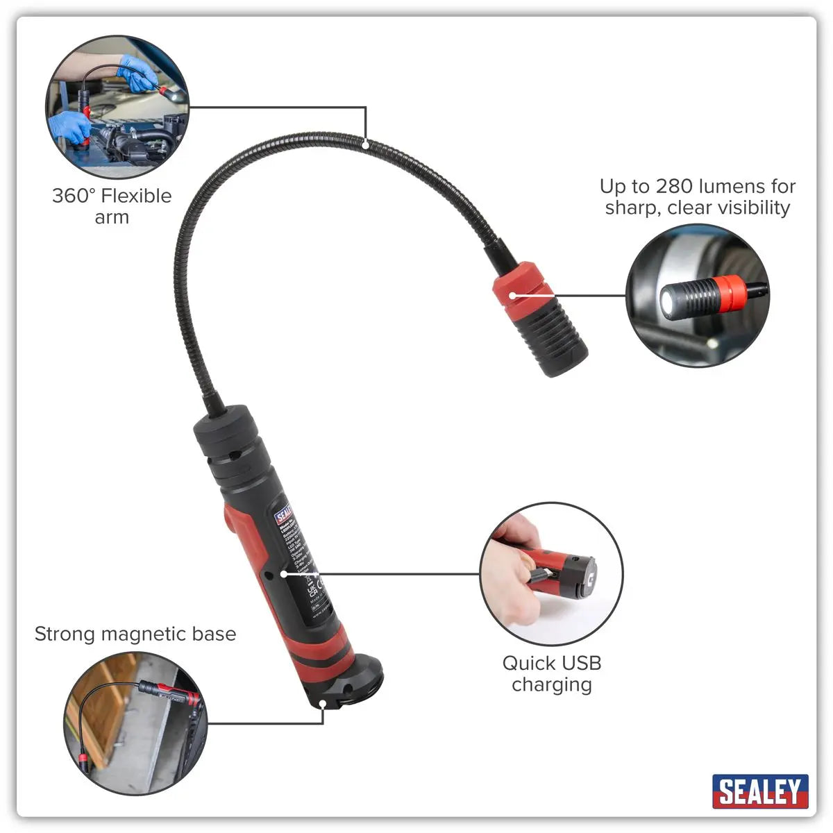 Sealey Flexi Rechargeable Magnetic Pick-Up Tool Light 3W SMD LED White Rose Tools