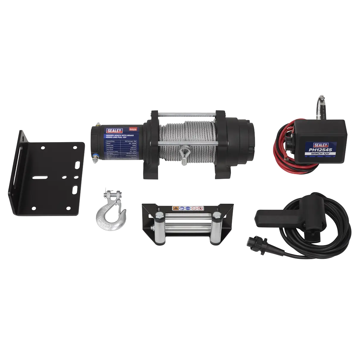 Sealey Geared Winch with Brake 450kg Line Pull 12V White Rose Tools