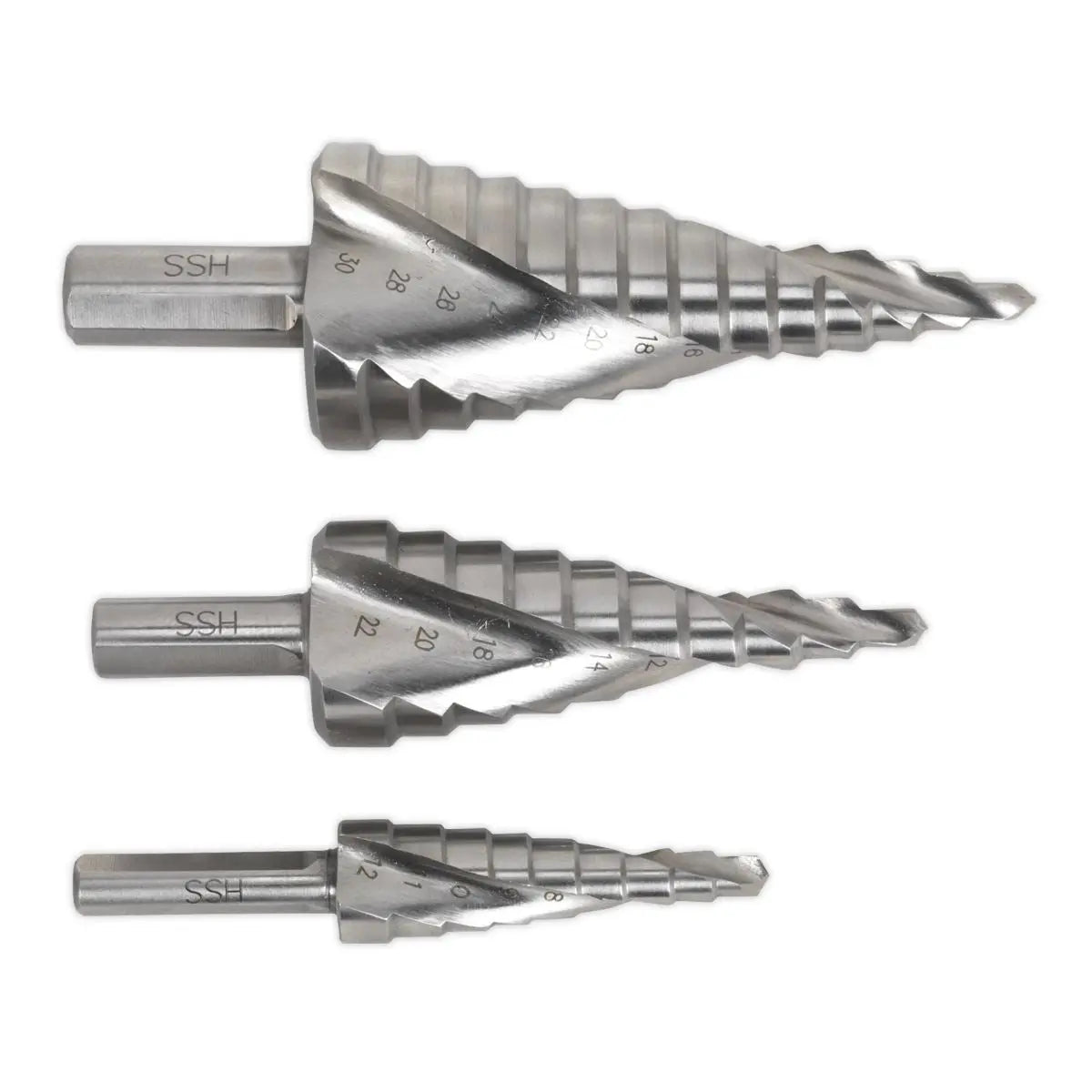 Sealey HSS M2 Step Drill Bit Set 3pc Spiral Flute