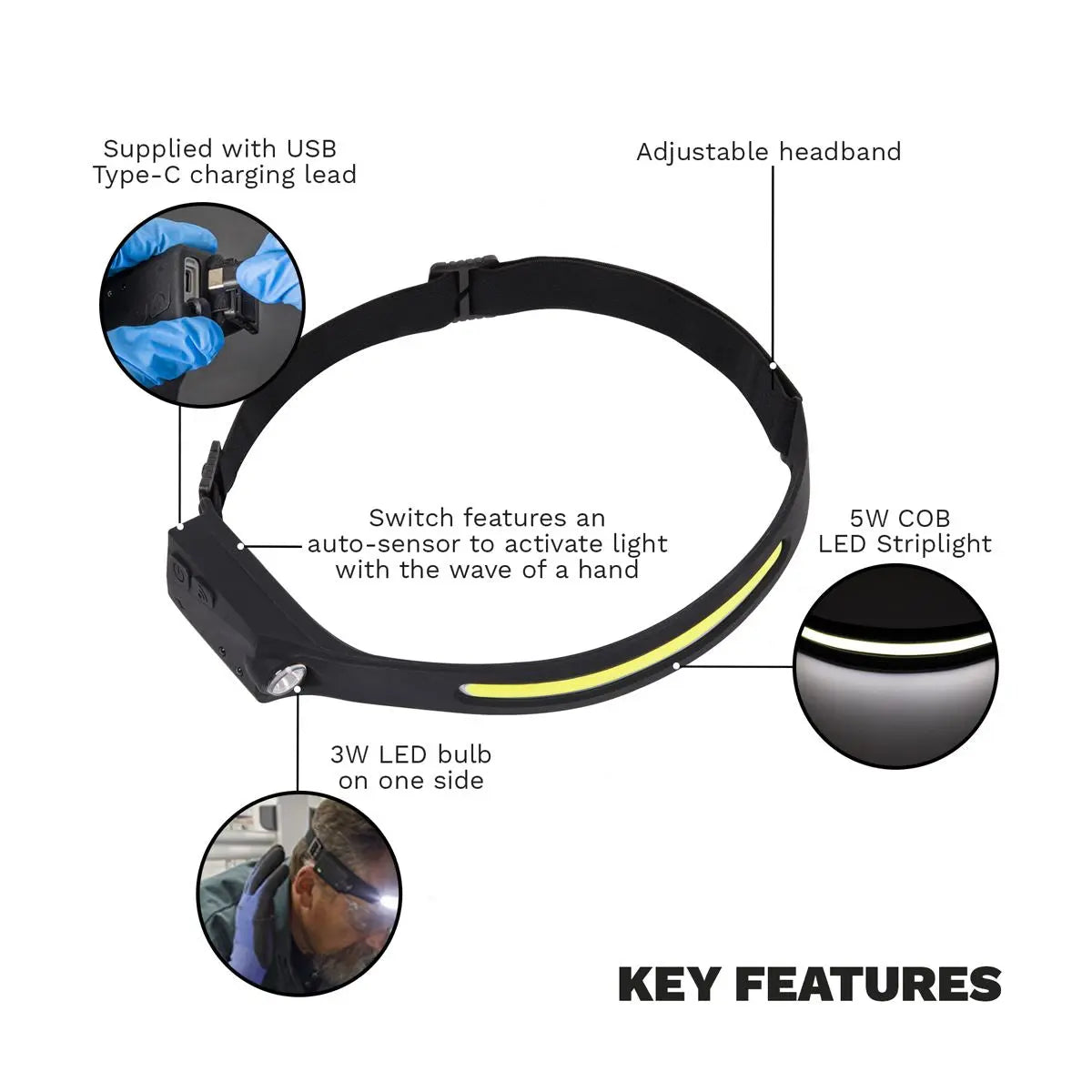 Sealey Head Torch 5W COB & 3W LED Bulb with Auto-Sensor Rechargeable