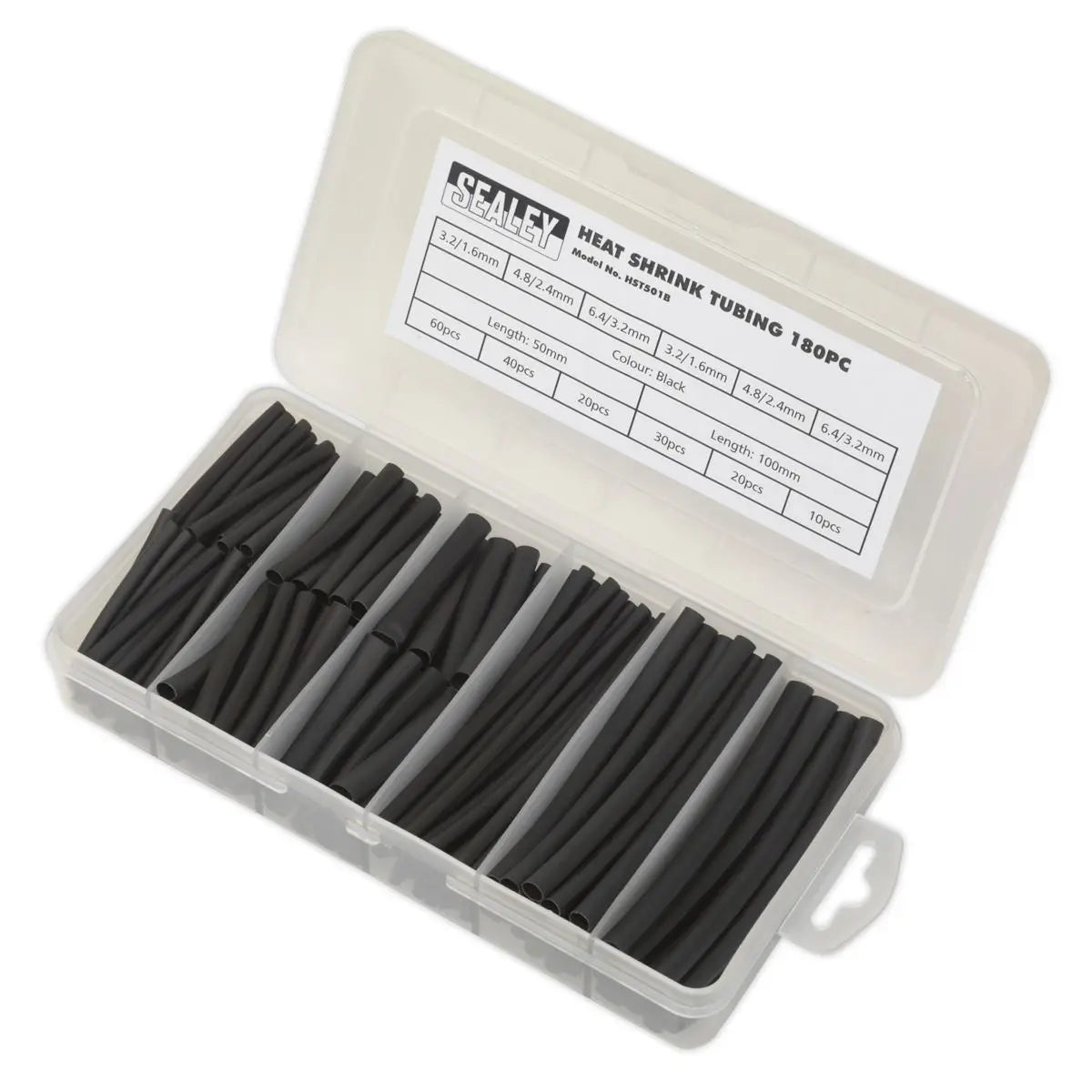 Sealey Heat Shrink Tubing Assortment 180pc 50 & 100mm Black
