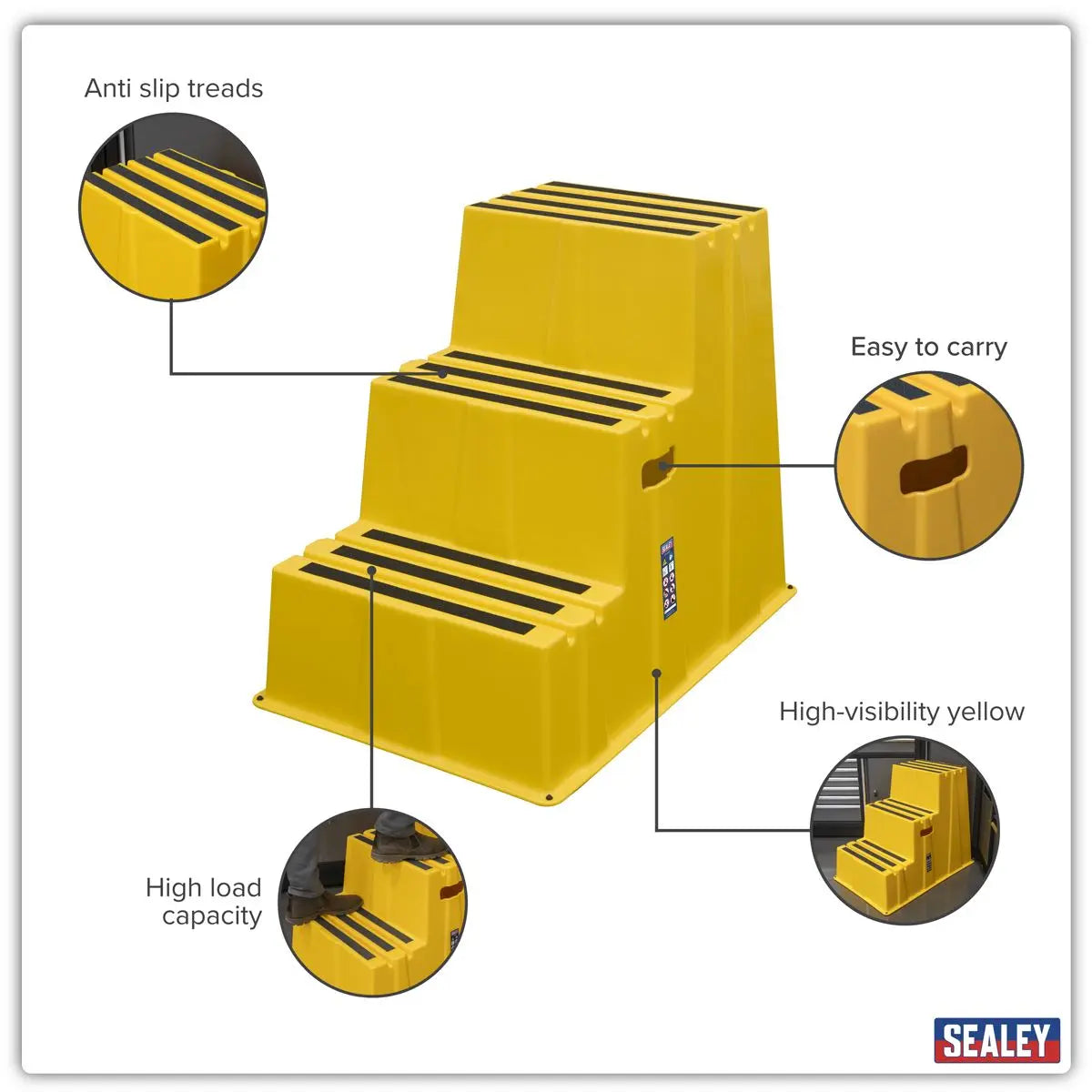 Sealey Heavy-Duty 3-Step Safety Steps with Anti-Slip Treads 150kg Capacity, Yellow - EN 14183 White Rose Tools