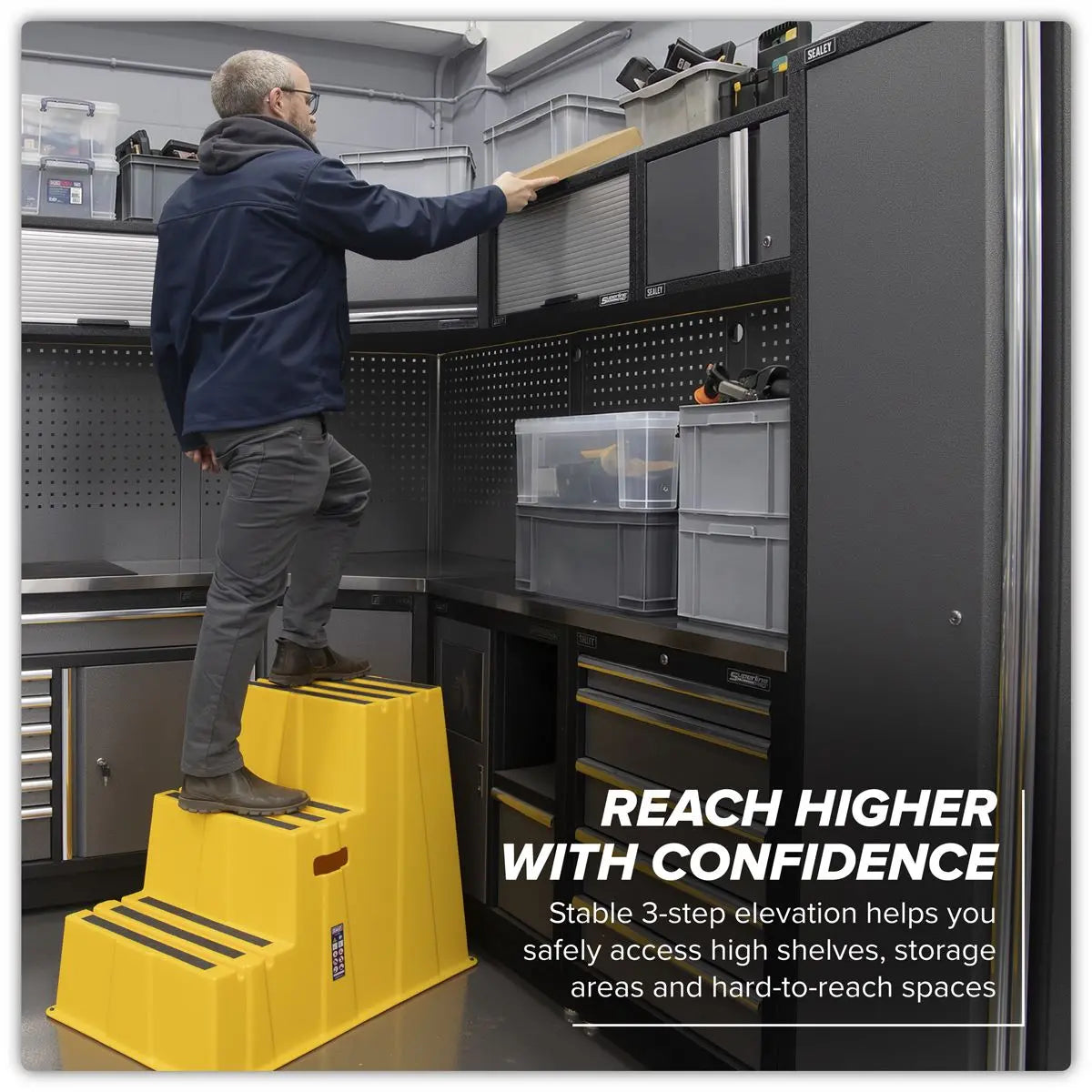 Sealey Heavy-Duty 3-Step Safety Steps with Anti-Slip Treads 150kg Capacity, Yellow - EN 14183 White Rose Tools