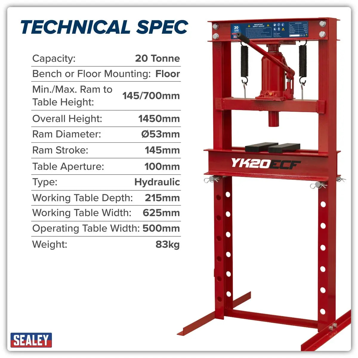 Sealey Hydraulic Floor Type Press 20 Tonne White Rose Tools