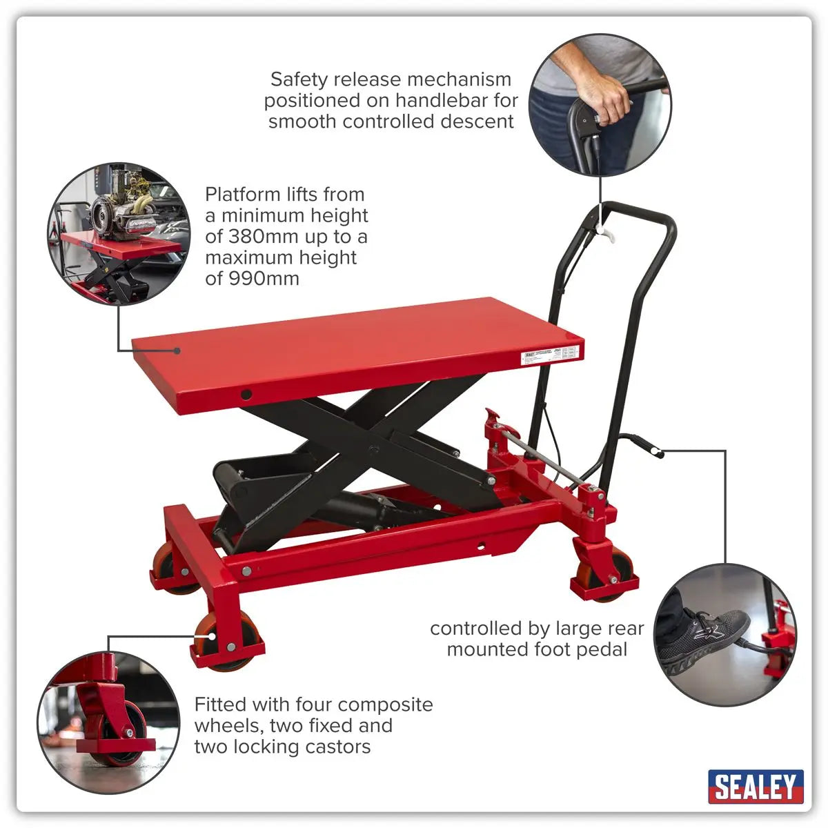 Sealey Hydraulic Scissor Lift Platform Table 1000kg White Rose Tools