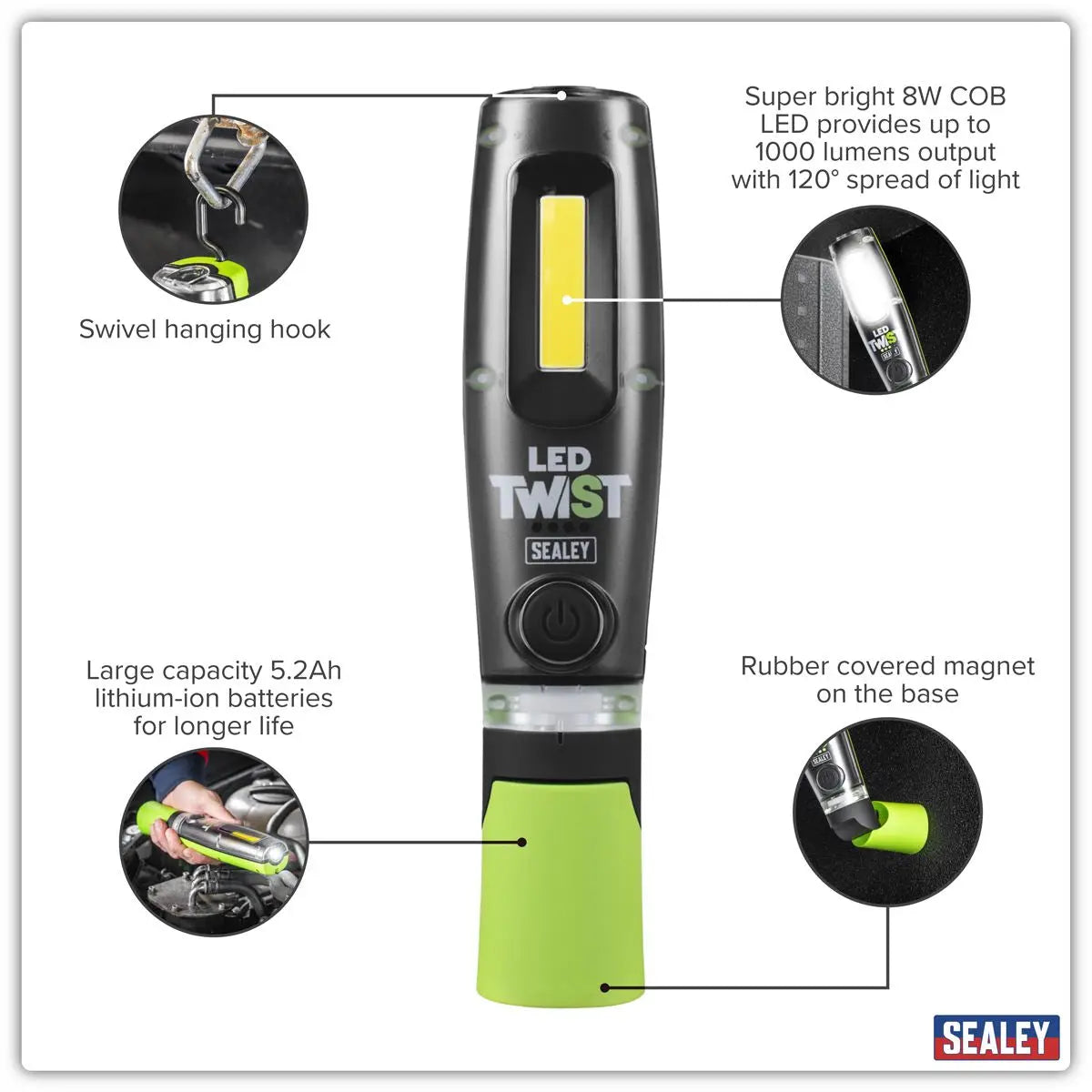 Sealey LED Twist® Rechargeable Inspection Light 8W COB & 1W SMD White Rose Tools