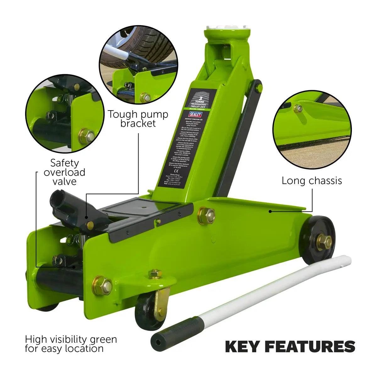Sealey Long Reach Heavy-Duty Trolley Jack 3 Tonne - Green  White Rose Tools