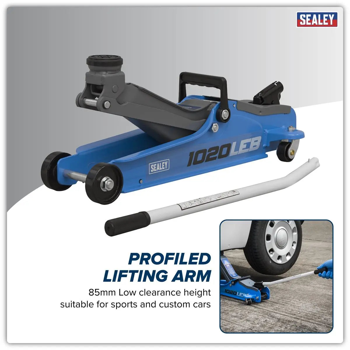 Sealey Low Profile Short Chassis Trolley Jack 2 Tonne - Blue White Rose Tools