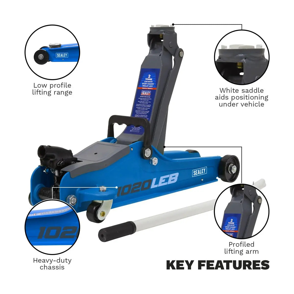 Sealey Low Profile Short Chassis Trolley Jack 2 Tonne - Blue White Rose Tools