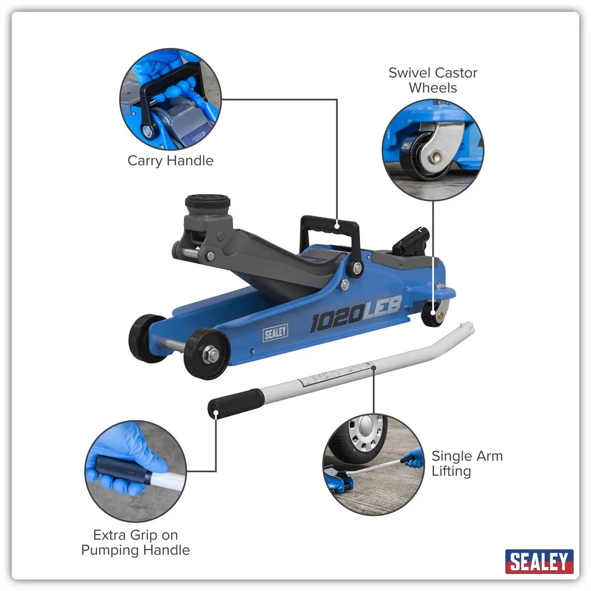 Sealey Low Profile Short Chassis Trolley Jack 2 Tonne - Blue White Rose Tools