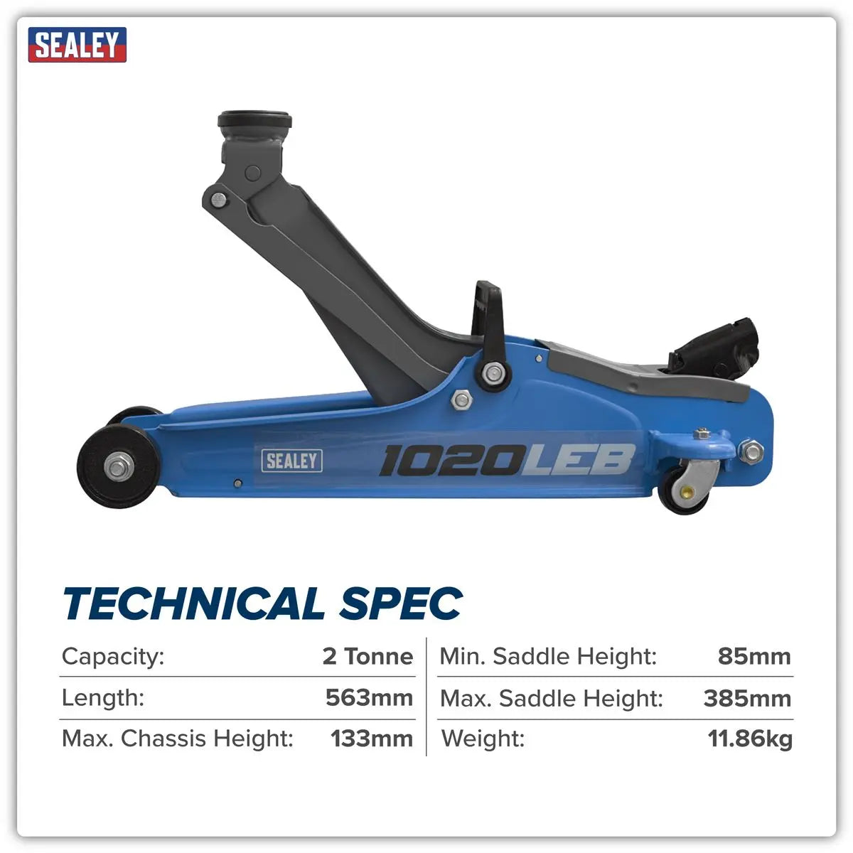 Sealey Low Profile Short Chassis Trolley Jack 2 Tonne - Blue White Rose Tools