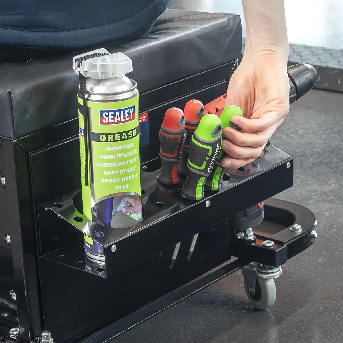 Sealey Mechanic's Utility Seat & Toolbox - Black - White Rose Tools