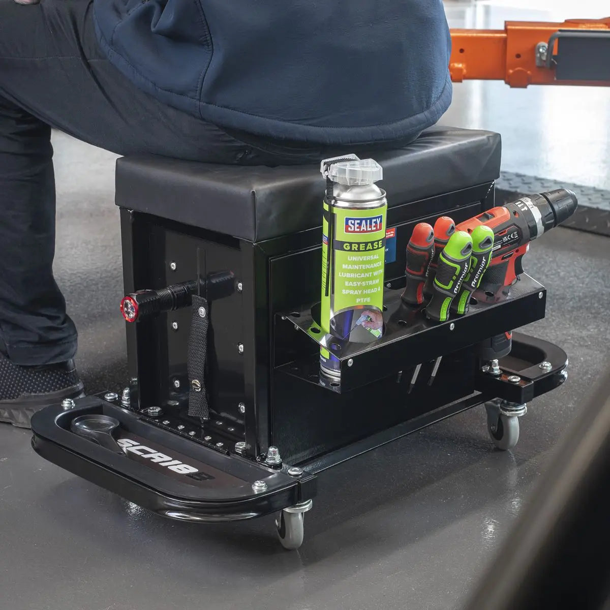 Sealey Mechanic's Utility Seat & Toolbox - Black - White Rose Tools