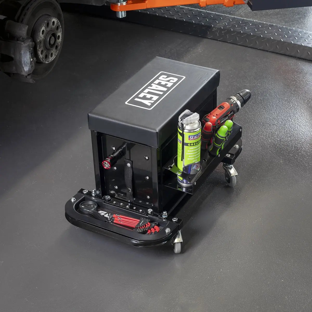 Sealey Mechanic's Utility Seat & Toolbox - Black - White Rose Tools