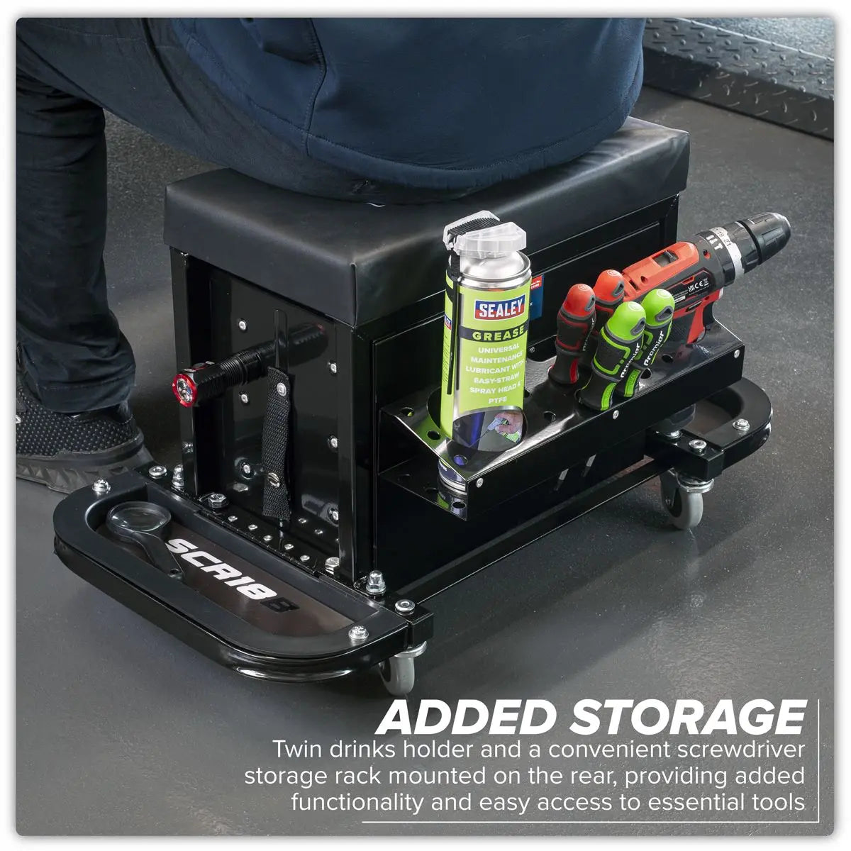 Sealey Mechanic's Utility Seat & Toolbox - Black - White Rose Tools