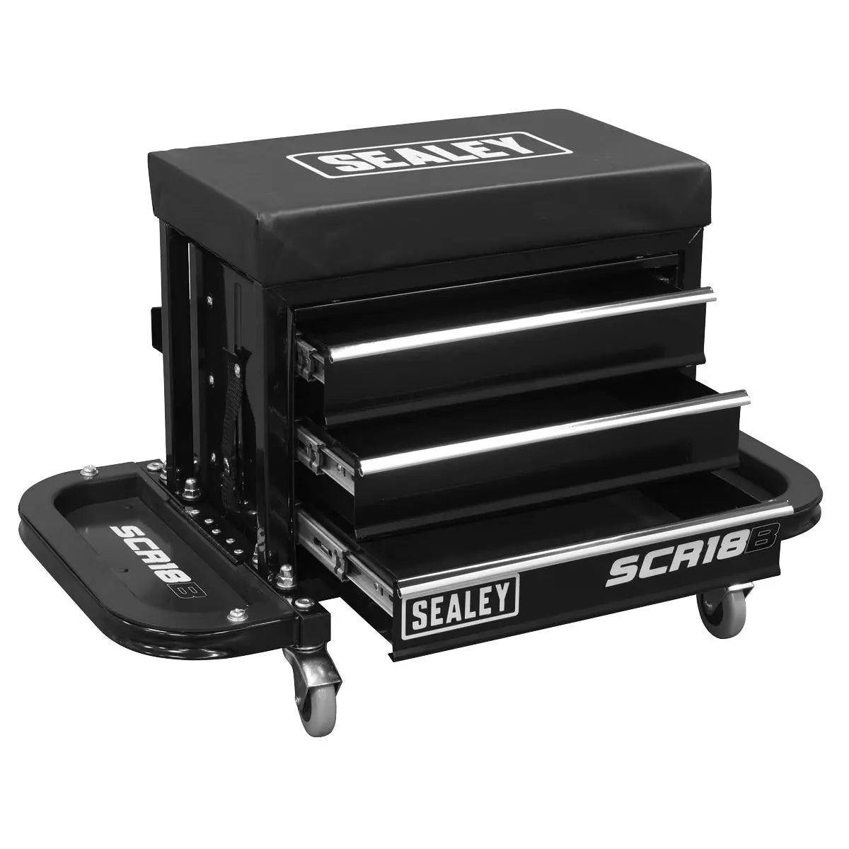 Sealey Mechanic's Utility Seat & Toolbox - Black - White Rose Tools