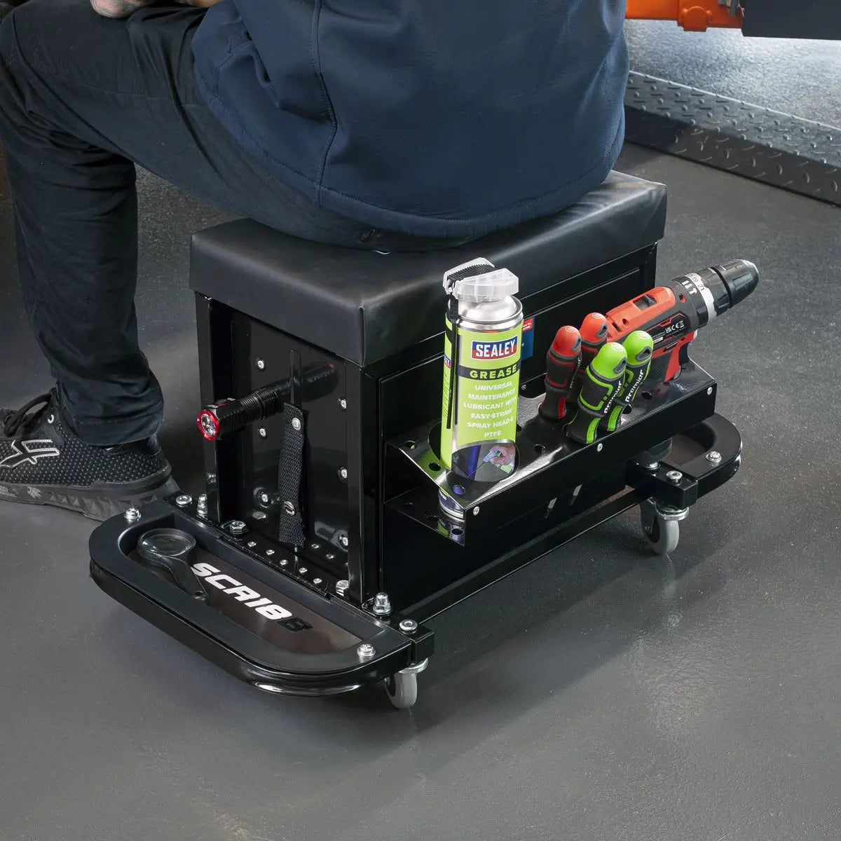 Sealey Mechanic's Utility Seat & Toolbox - Black - White Rose Tools