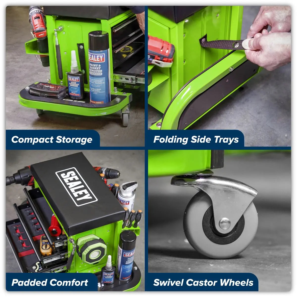 Sealey Mechanic's Utility Seat & Toolbox - Green - White Rose Tools