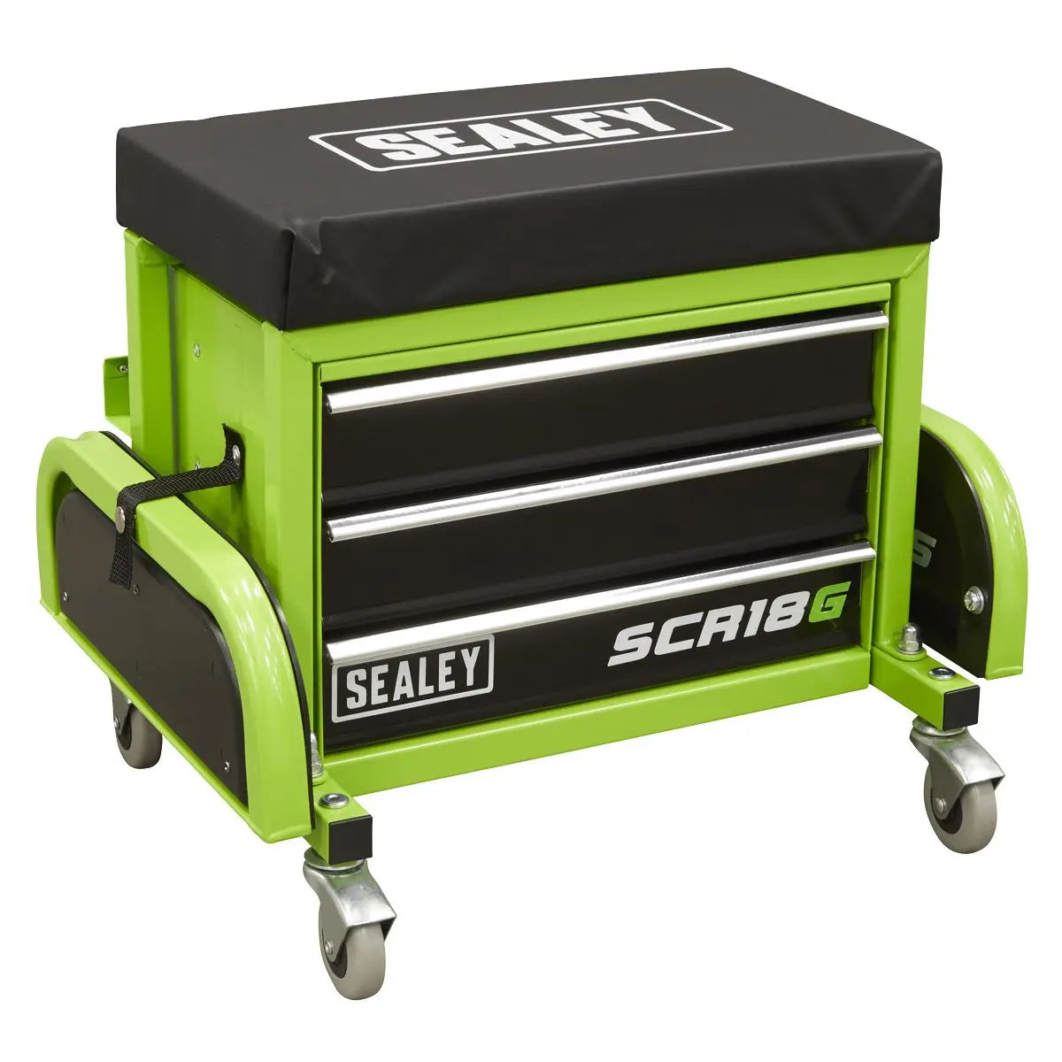 Sealey Mechanic's Utility Seat & Toolbox - Green - White Rose Tools