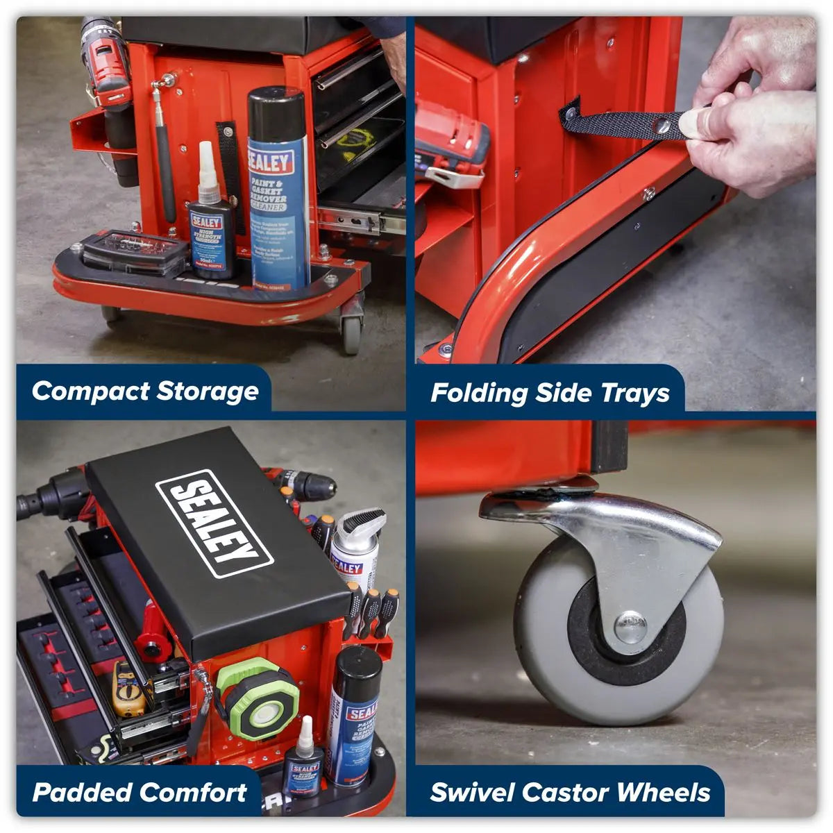 Sealey Mechanic's Utility Seat & Toolbox - Red - White Rose Tools