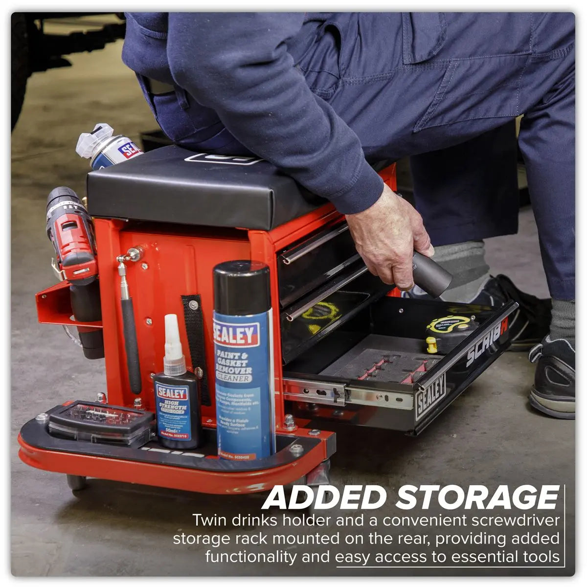 Sealey Mechanic's Utility Seat & Toolbox - Red - White Rose Tools