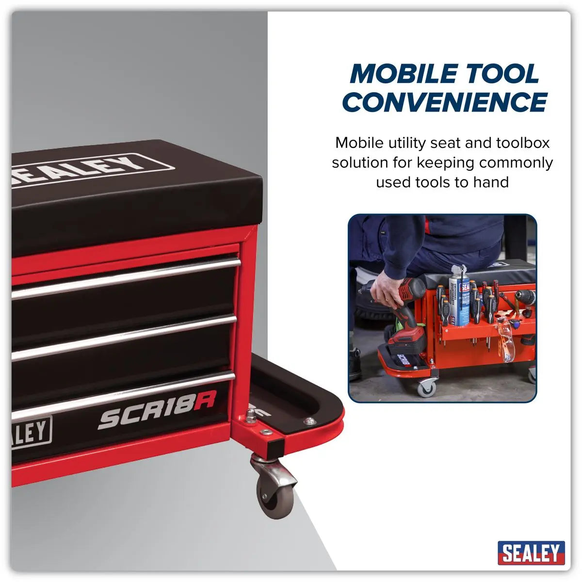 Sealey Mechanic's Utility Seat & Toolbox - Red - White Rose Tools