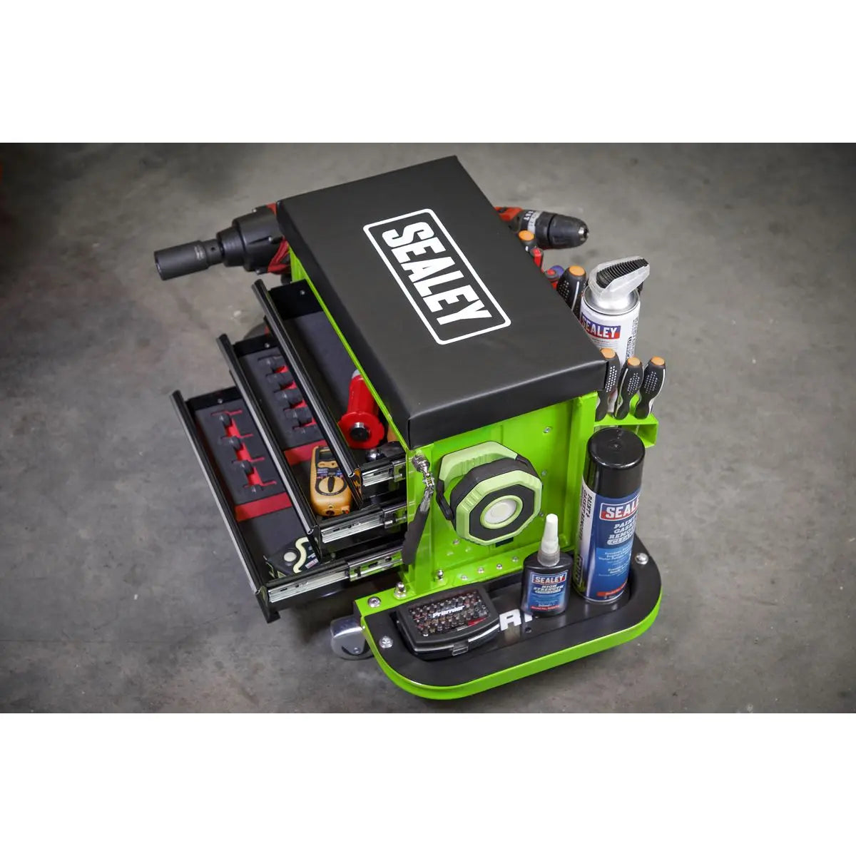 Sealey Mechanics Rolling Utility Seat and Toolbox with Drawers Green