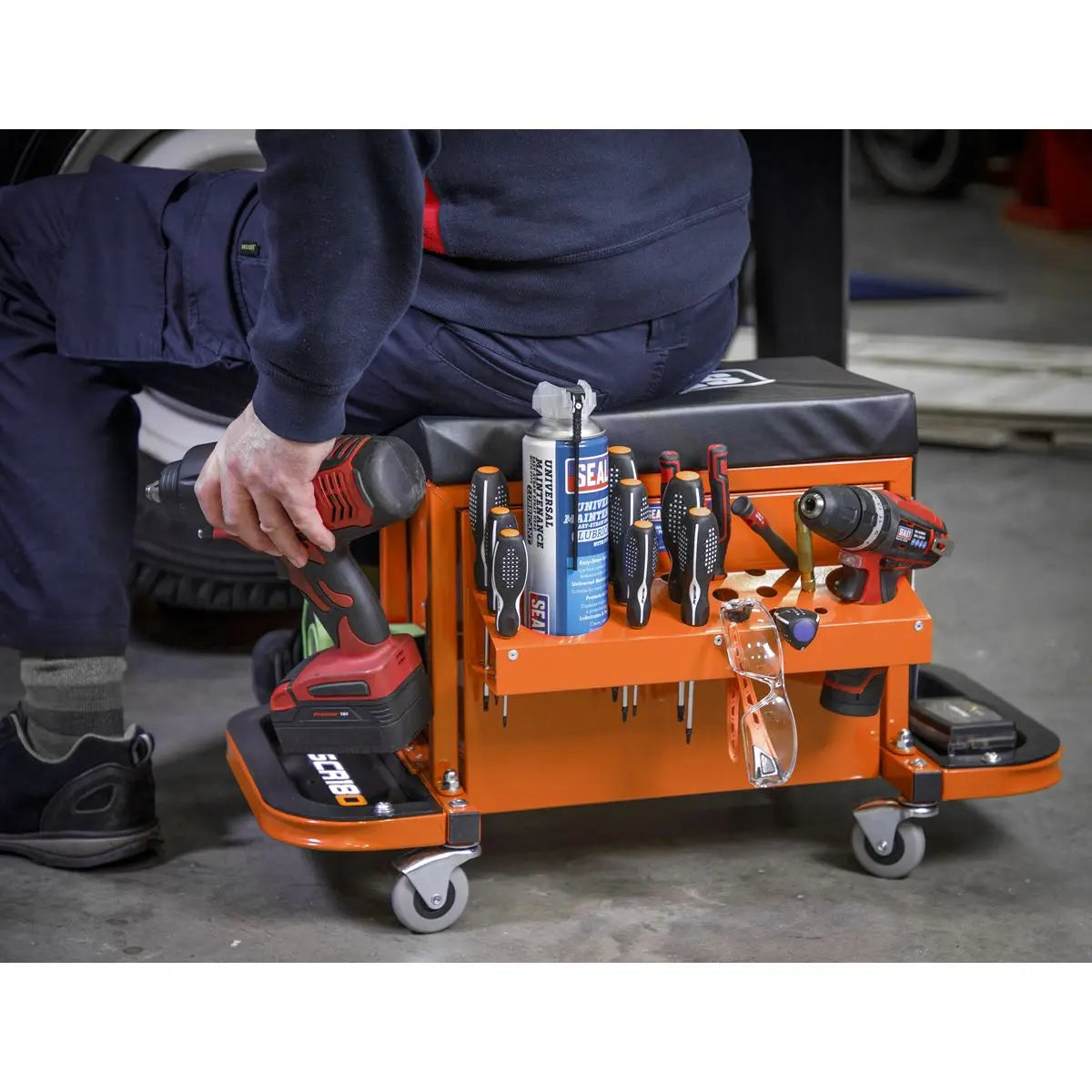 Sealey Mechanics Rolling Utility Seat and Toolbox with Drawers Orange
