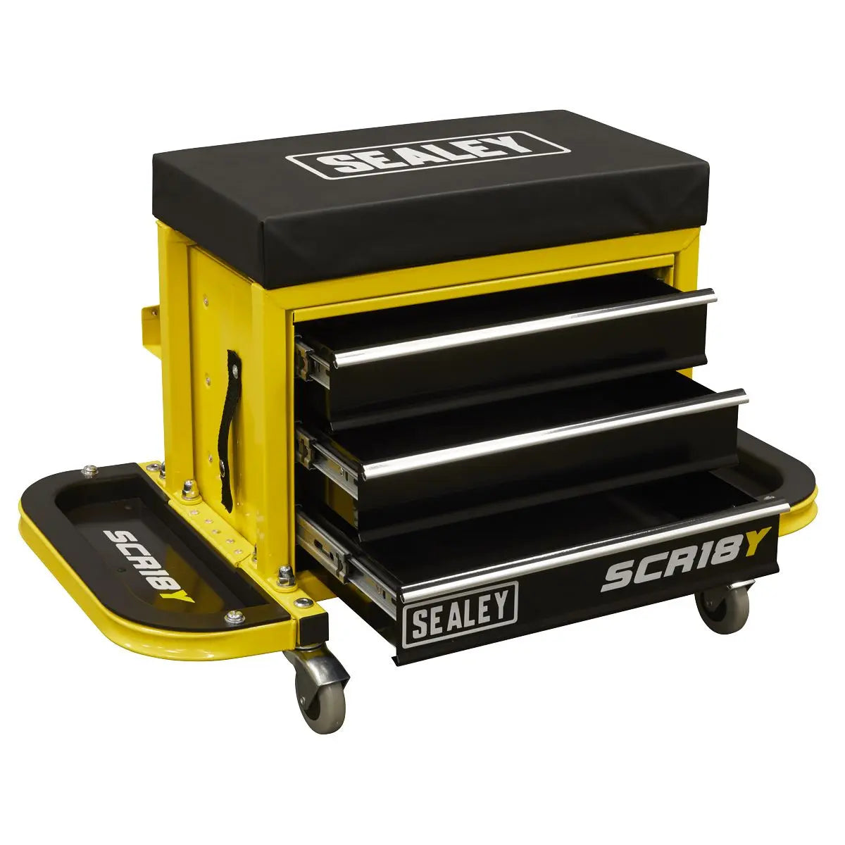 Sealey Mechanics Rolling Utility Seat and Toolbox with Drawers Yellow