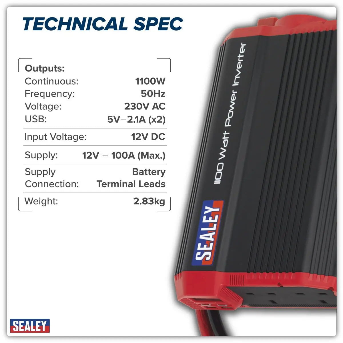 Sealey Modified Sine Wave Power Inverter 1100W 12V White Rose Tools