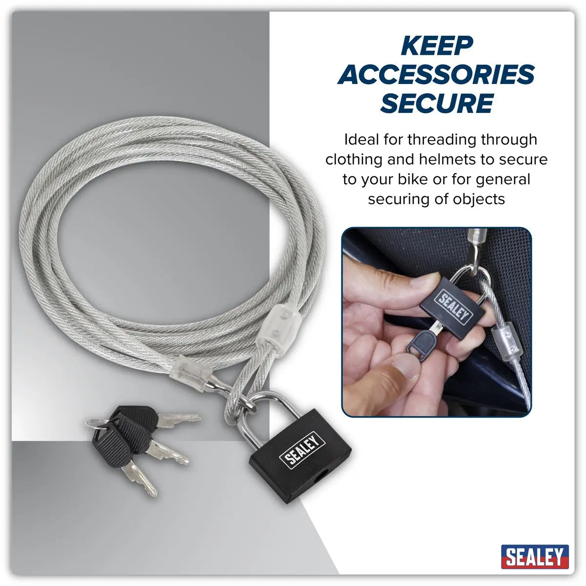 Sealey Motorcycle Cable Lock 3m White Rose Tools