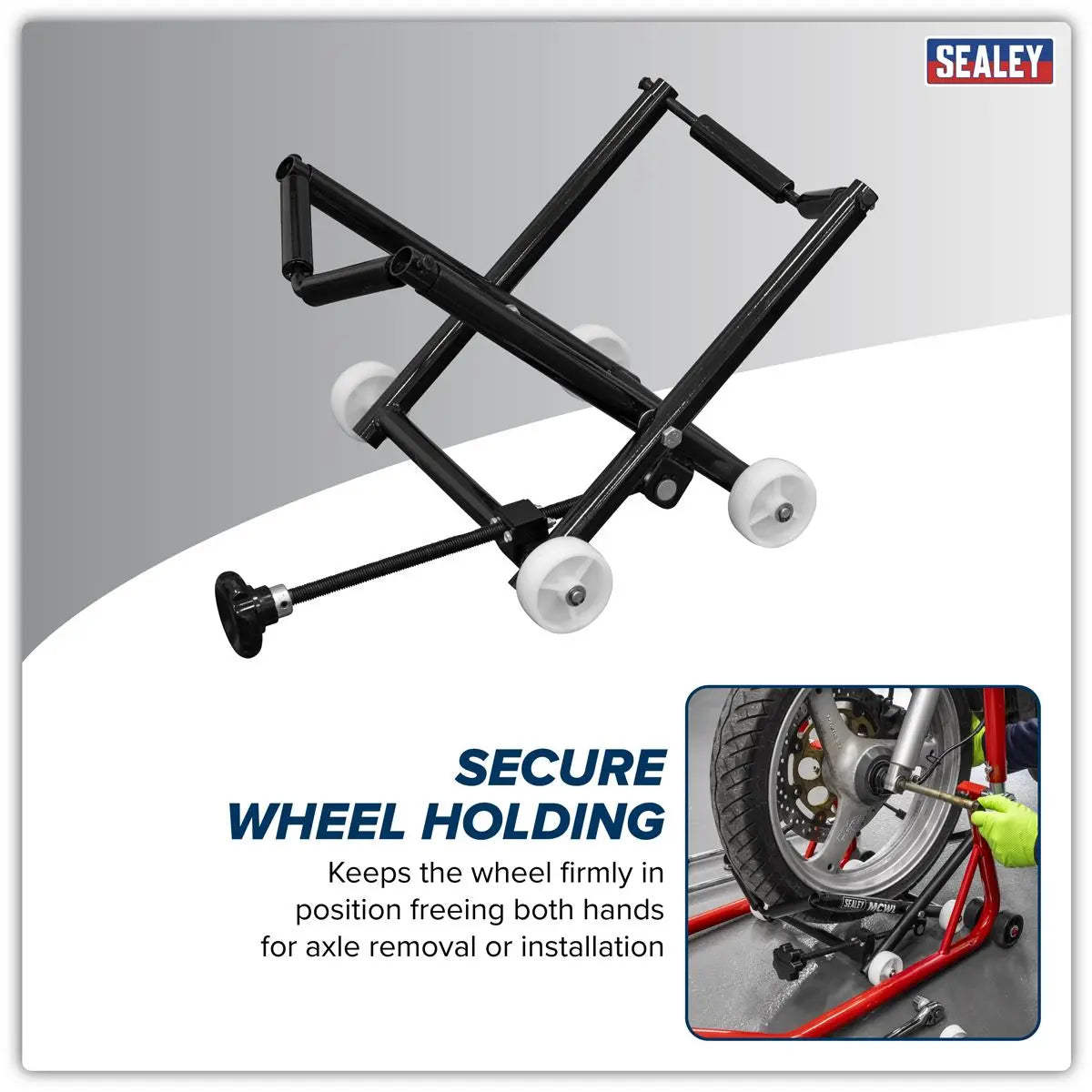 Sealey Motorcycle Wheel adjustable Support with Rollers White Rose Tools