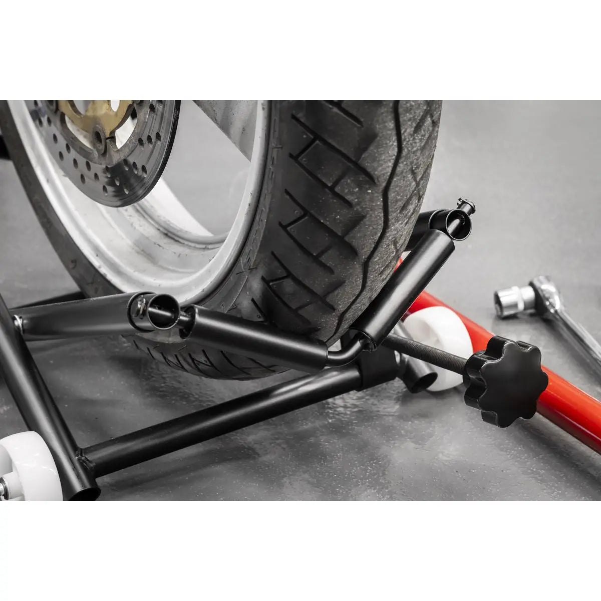 Sealey Motorcycle Wheel adjustable Support with Rollers White Rose Tools