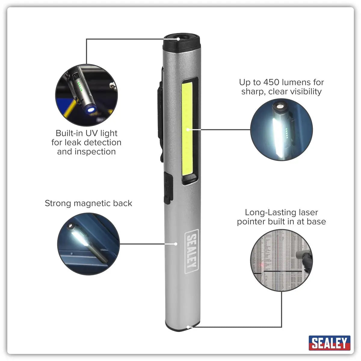 Sealey Penlight Torch with UV 5W COB & 3W SMD LED with Laser Pointer Rechargeable  White Rose Tools