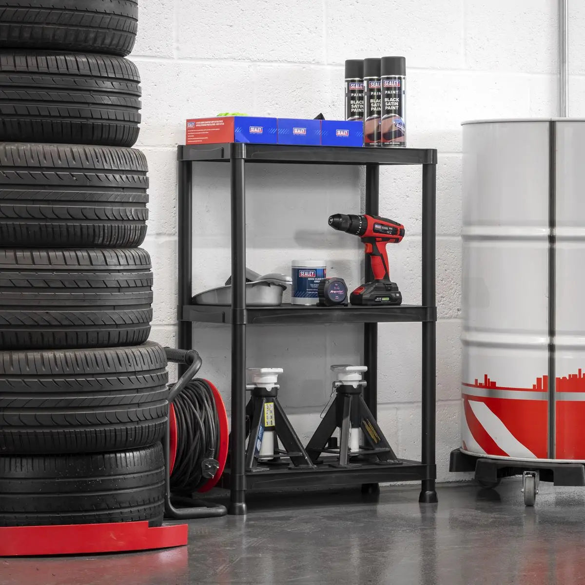 Sealey Plastic Racking Unit with 3 Shelves 25kg Capacity Per Level White Rose Tools