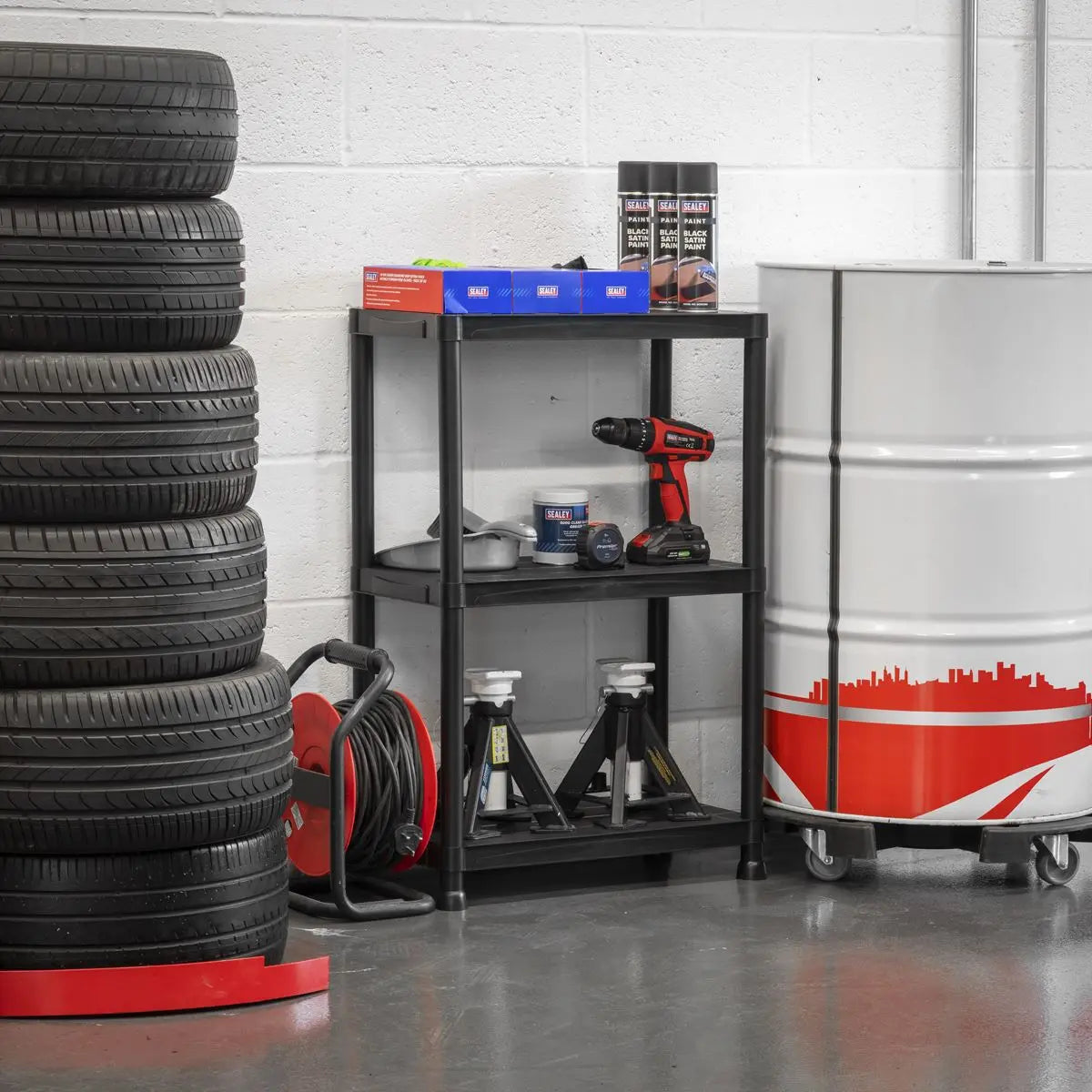 Sealey Plastic Racking Unit with 3 Shelves 25kg Capacity Per Level White Rose Tools